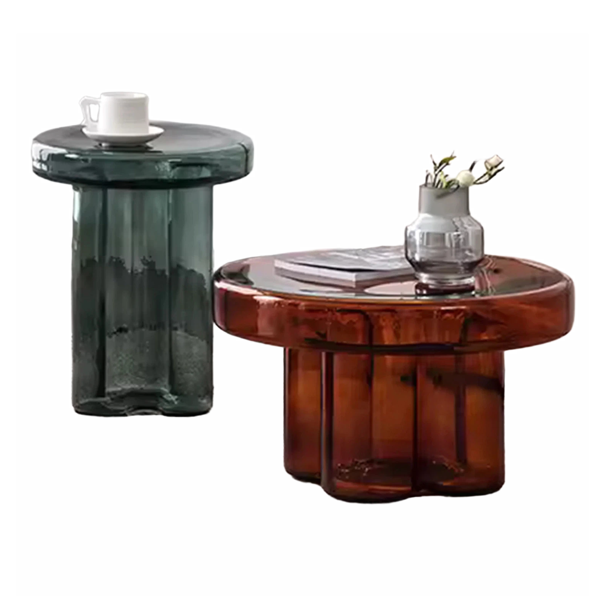 WISEMAX Modern Style Household Living Room Furniture Transparent Glass Mushroom Coffee Table Set Round End Table Tea Table