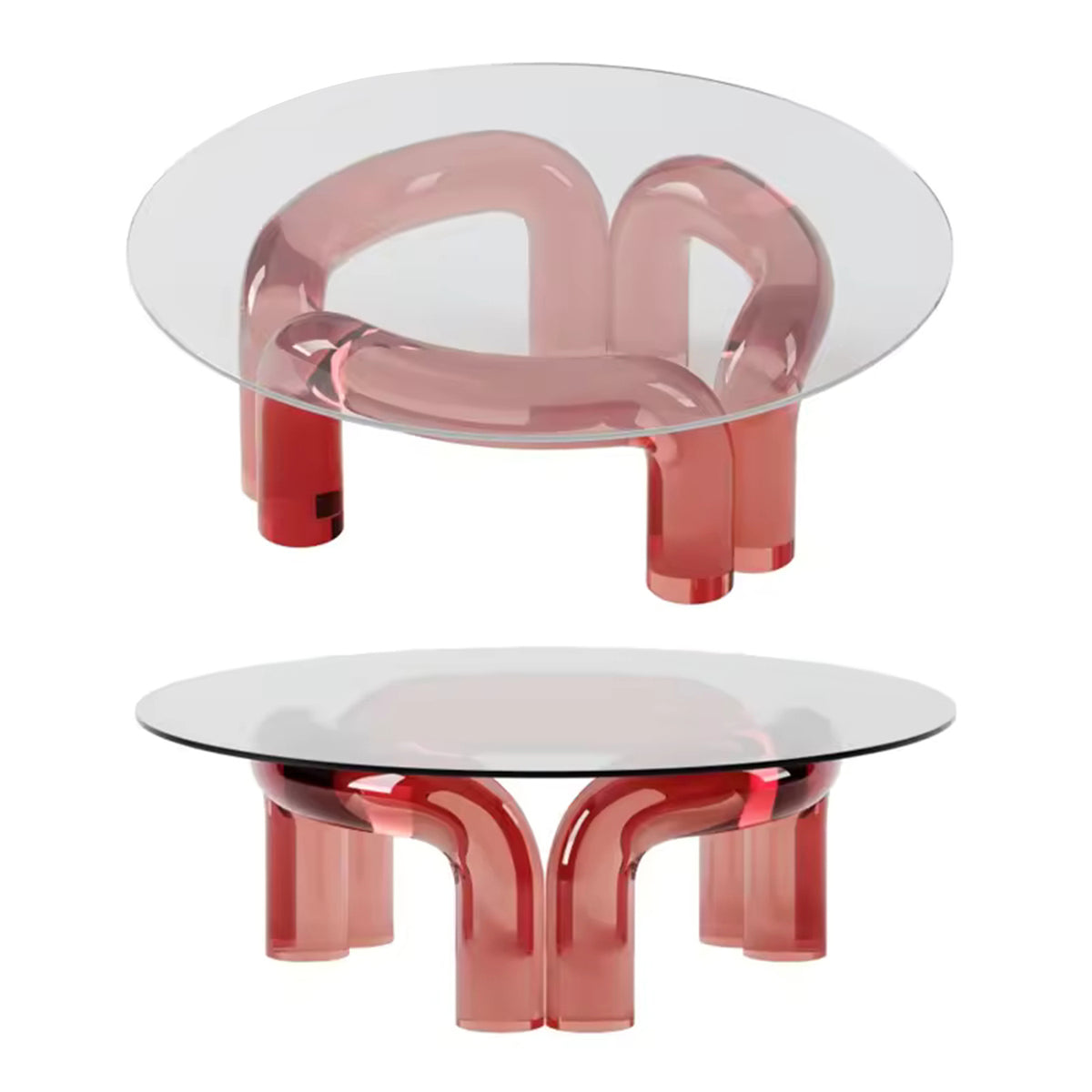 WISEMAX FURNITURE Modern Plastic Coffee Table Transparent Round Top With Red Waterpipe Shape Design Base Acrylic Coffee Table