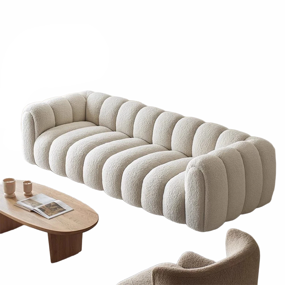 WISEMAX Complete Furniture Living Room Sectional Sofa Furniture Tufted Chesterfield Sofa Single White Boucle Fabric Floor Sofa