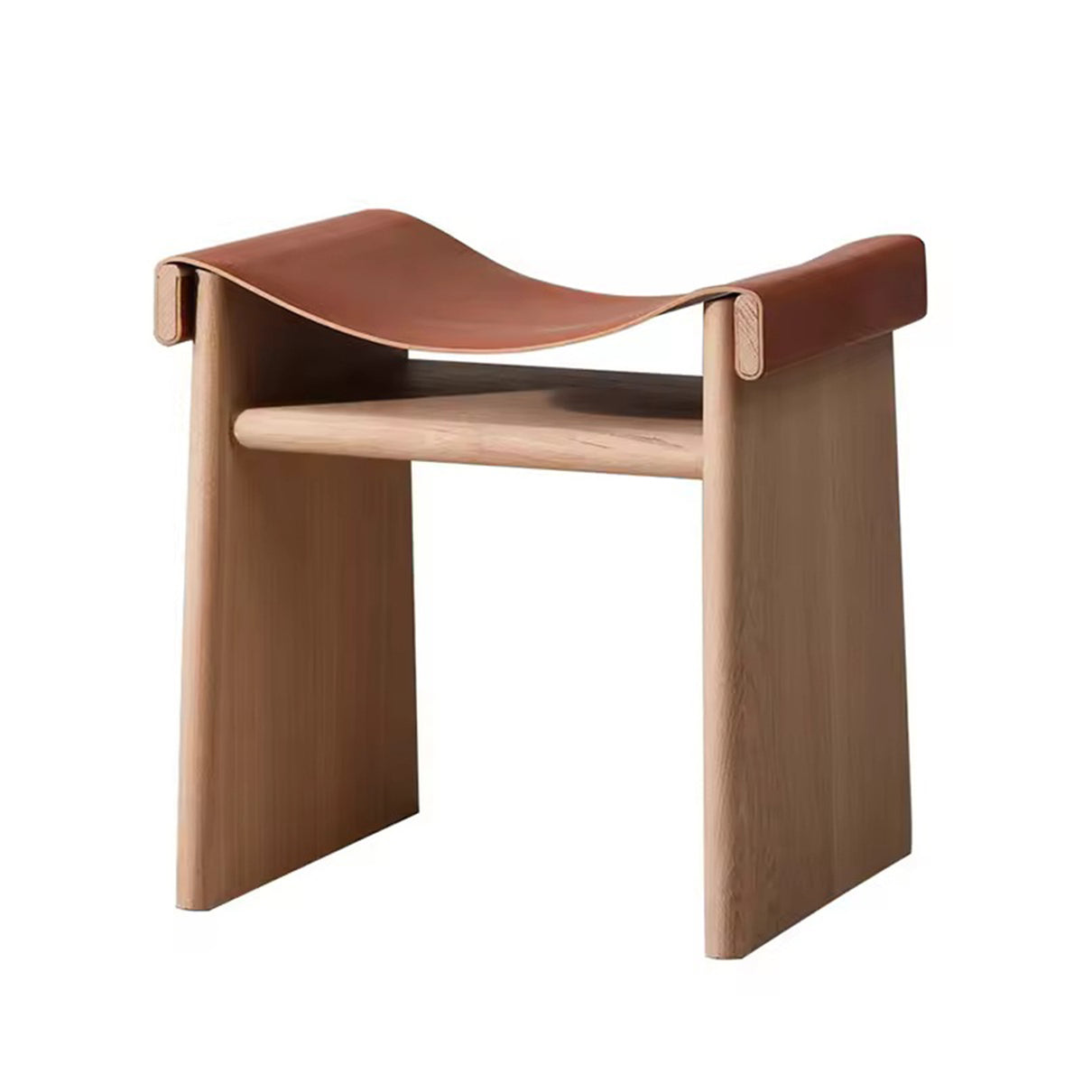 WISEMAX FURNITURE Creative Solid Oak Wood Frame Ottoman Leisure Outdoor Furniture Minimalist Saddle Leather Stool for Courtyard