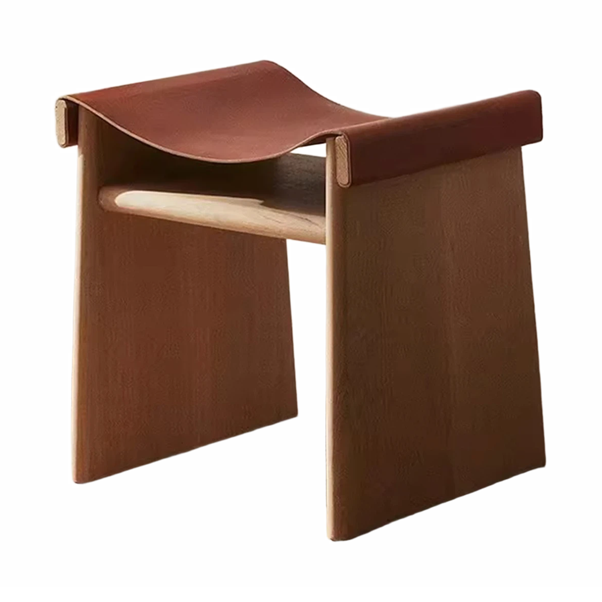 WISEMAX FURNITURE Creative Solid Oak Wood Frame Ottoman Leisure Outdoor Furniture Minimalist Saddle Leather Stool for Courtyard