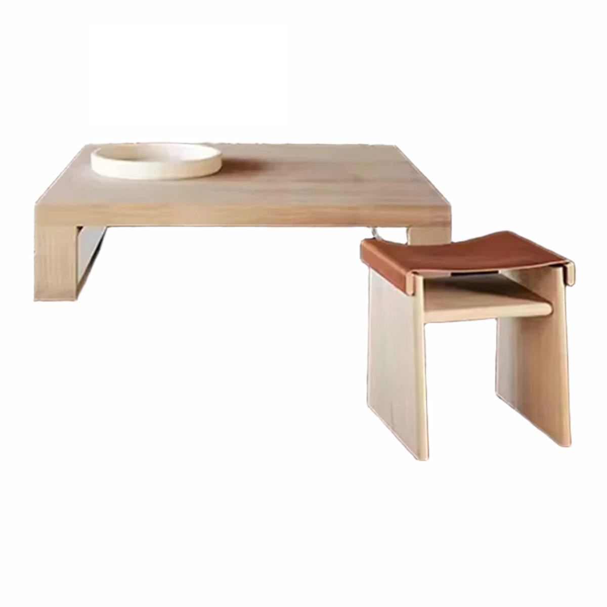 WISEMAX FURNITURE Creative Solid Oak Wood Frame Ottoman Leisure Outdoor Furniture Minimalist Saddle Leather Stool for Courtyard
