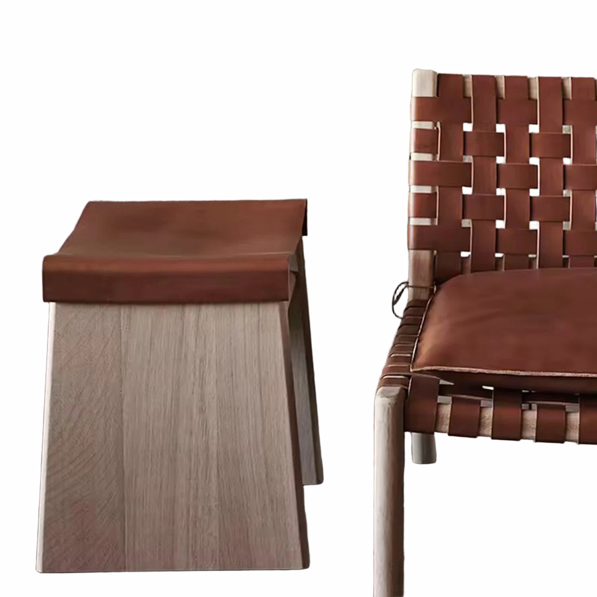 WISEMAX FURNITURE Creative Solid Oak Wood Frame Ottoman Leisure Outdoor Furniture Minimalist Saddle Leather Stool for Courtyard