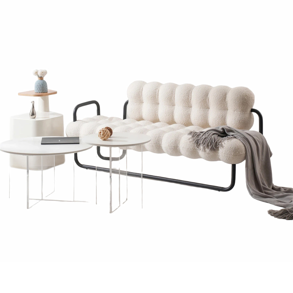 Wholesale Factory Home Furniture Modern Nordic Style White Fabric Lamb Living Room Three 3 Seater Boucle Sofa Chair