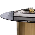 Custom Design Handcrafted Round Shape Gold Finished Stainless Steel Base with Black Glass Top Used for Dining Room