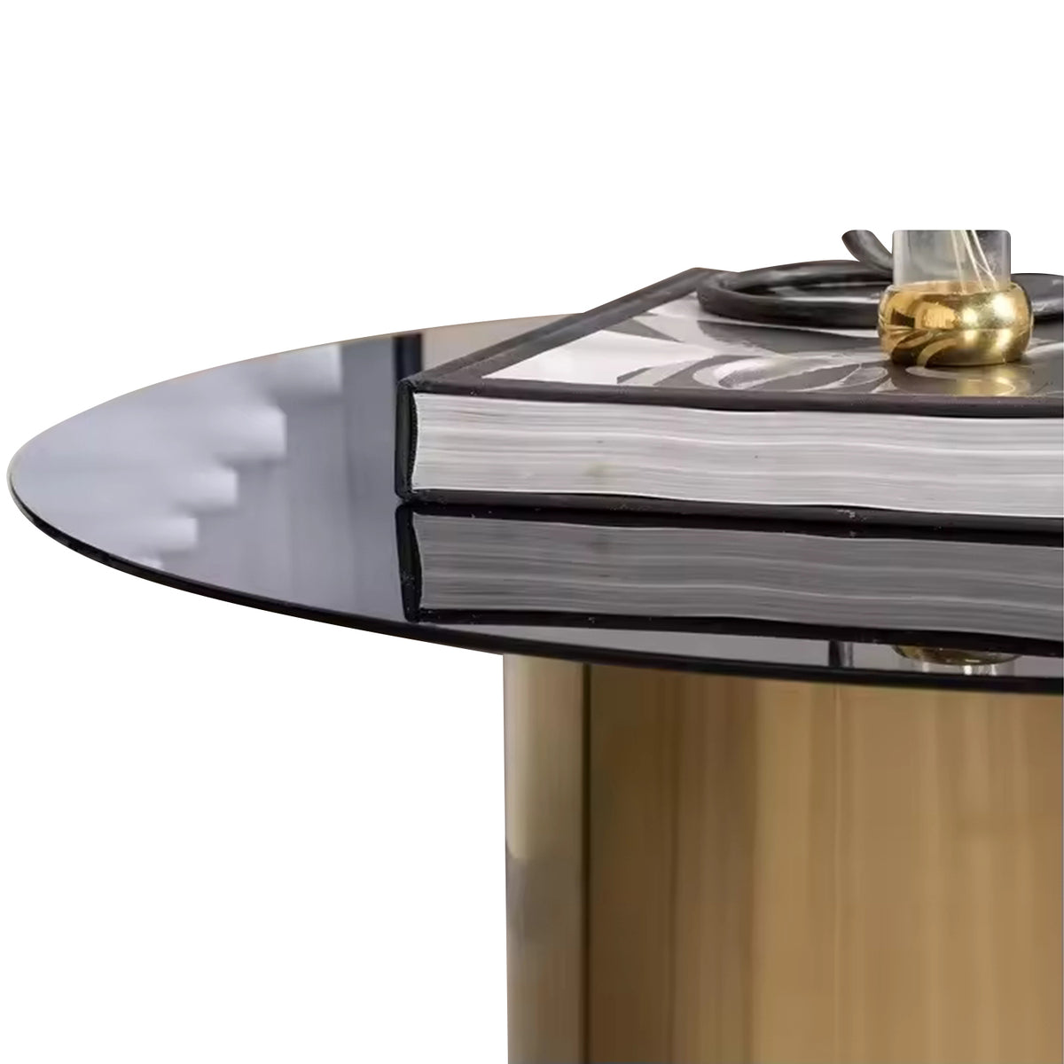 Custom Design Handcrafted Round Shape Gold Finished Stainless Steel Base with Black Glass Top Used for Dining Room