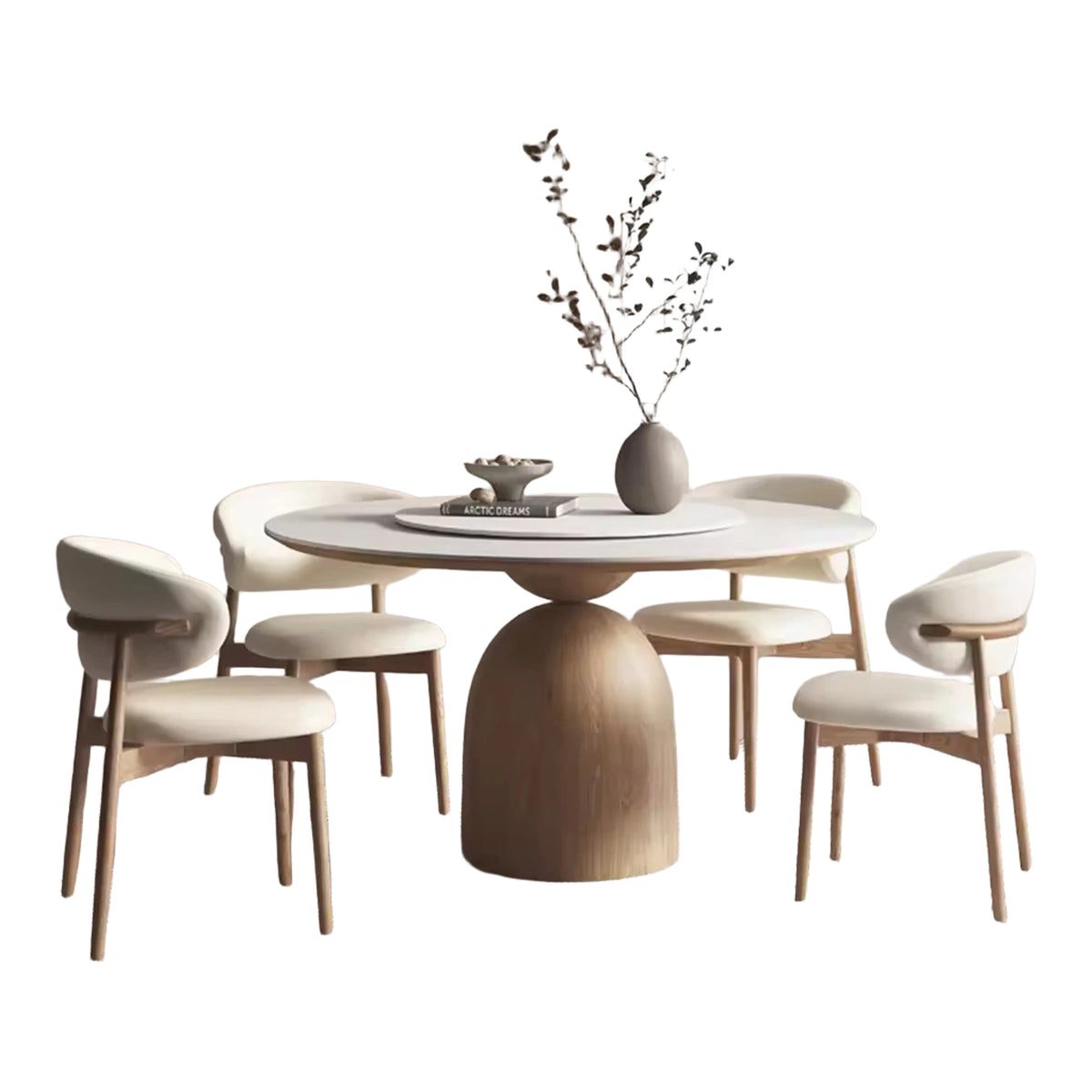 PurelyFeel Nordic Pure Solid Wood Rock Board Table and Chair Combination Wood Cream Style Round Home Designer Dining Table