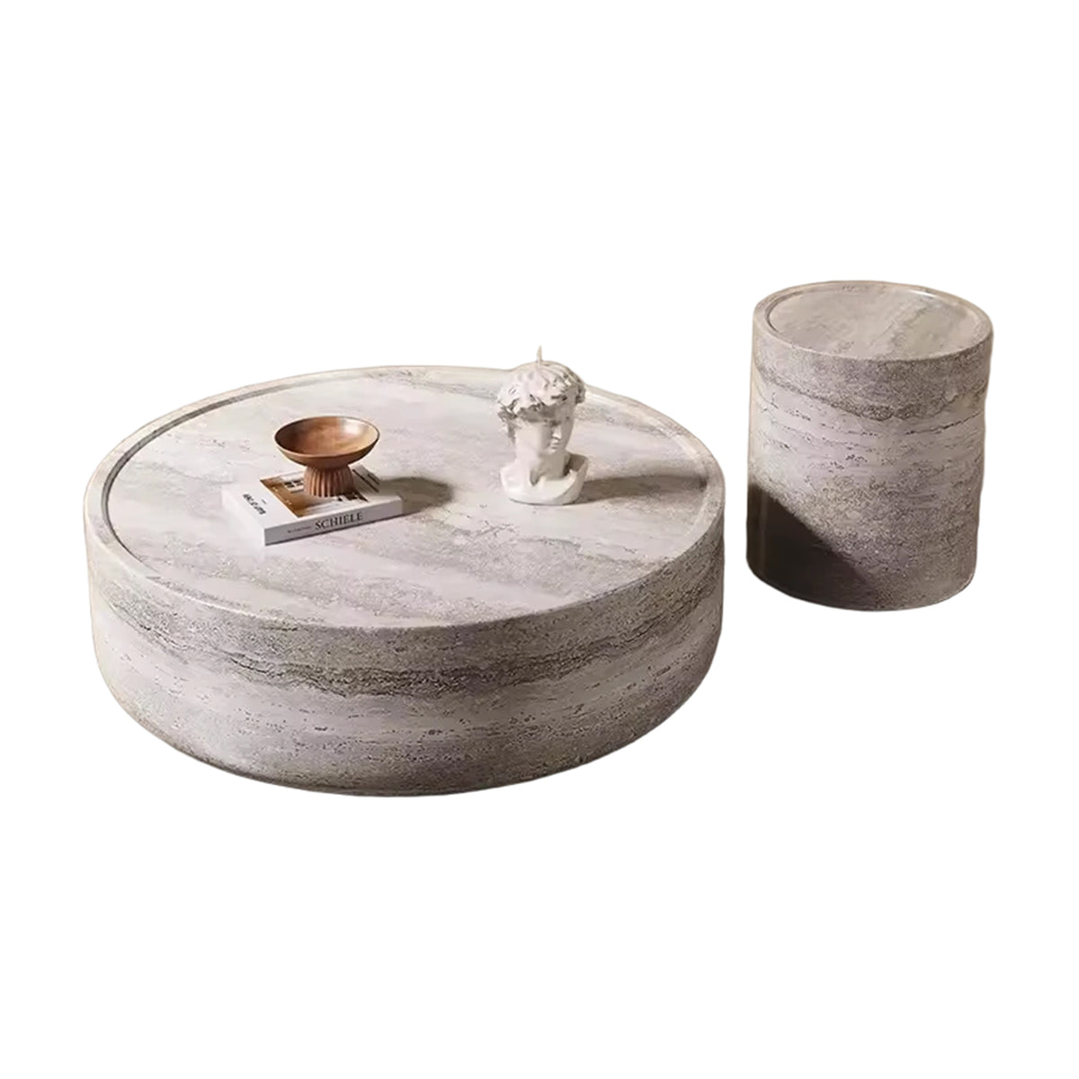 Modern Style Luxury Living Room Concrete Round Coffee Table Sliver Grey Travertine Side Table