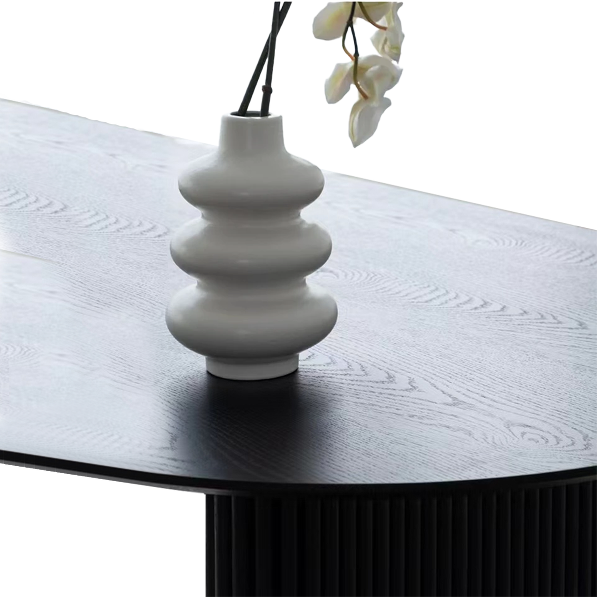 Atunus Nordic Minimalist Reclaimed Solid Wood Black Dining Table Ribbed Modern Luxury Dining Table 8 Seater Oval Dining Table