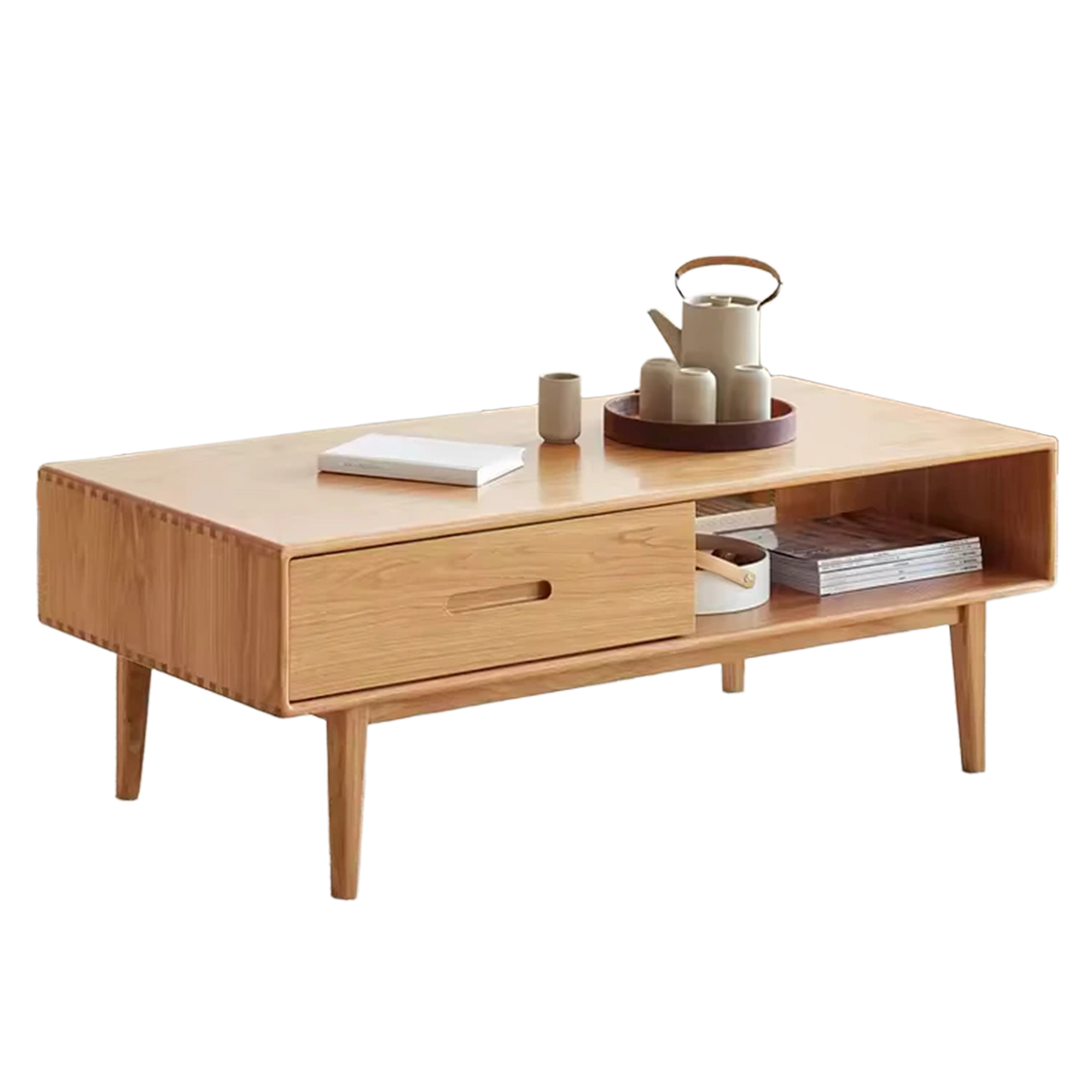 Living Room Furniture Nordic Simple Modern Style Storage Coffee Table Oak Wood F8071 Wholesale Solid with 2 Drawers and 1 Grid