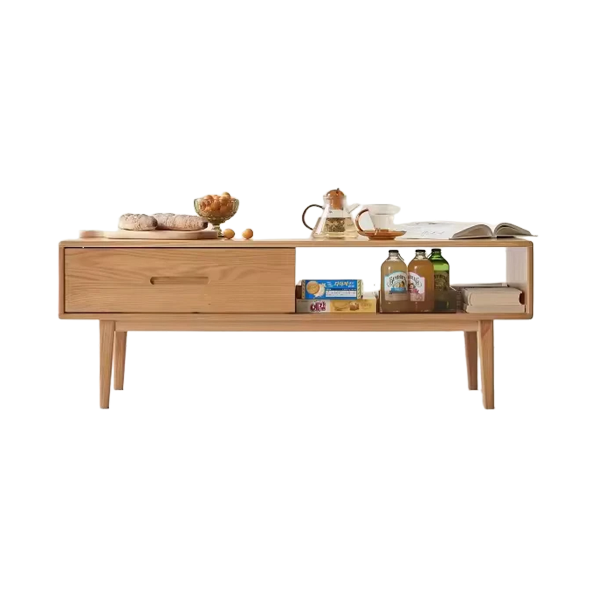 Living Room Furniture Nordic Simple Modern Style Storage Coffee Table Oak Wood F8071 Wholesale Solid with 2 Drawers and 1 Grid