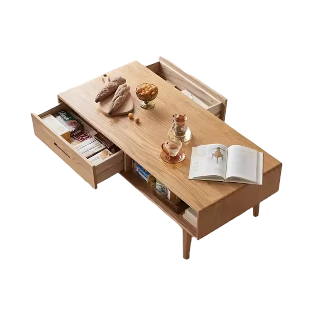 Living Room Furniture Nordic Simple Modern Style Storage Coffee Table Oak Wood F8071 Wholesale Solid with 2 Drawers and 1 Grid