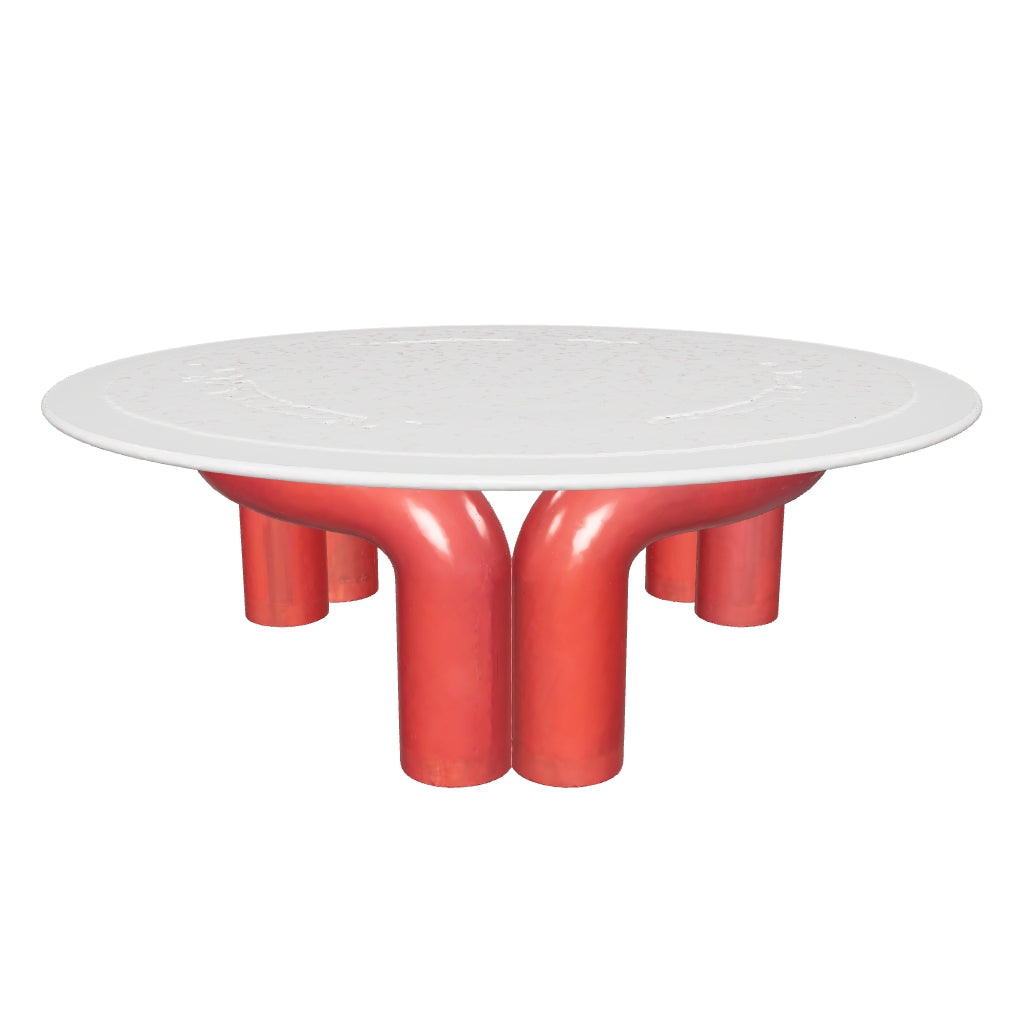 WISEMAX FURNITURE Modern Plastic Coffee Table Transparent Round Top With Red Waterpipe Shape Design Base Acrylic Coffee Table
